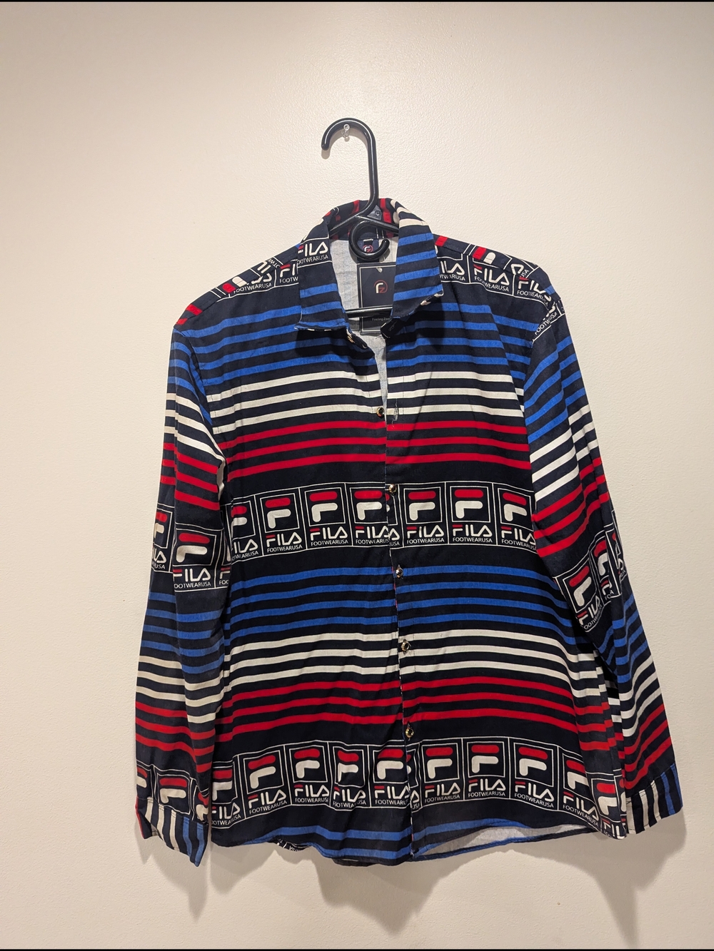 Fila Vintage Multi-Stripe Logo Button-Up Shirt in Blue, Red, Black, White
